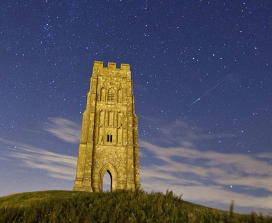 Holy moly... A Perseid meteor enters the skyline above Glastonbury Tor in Somerset